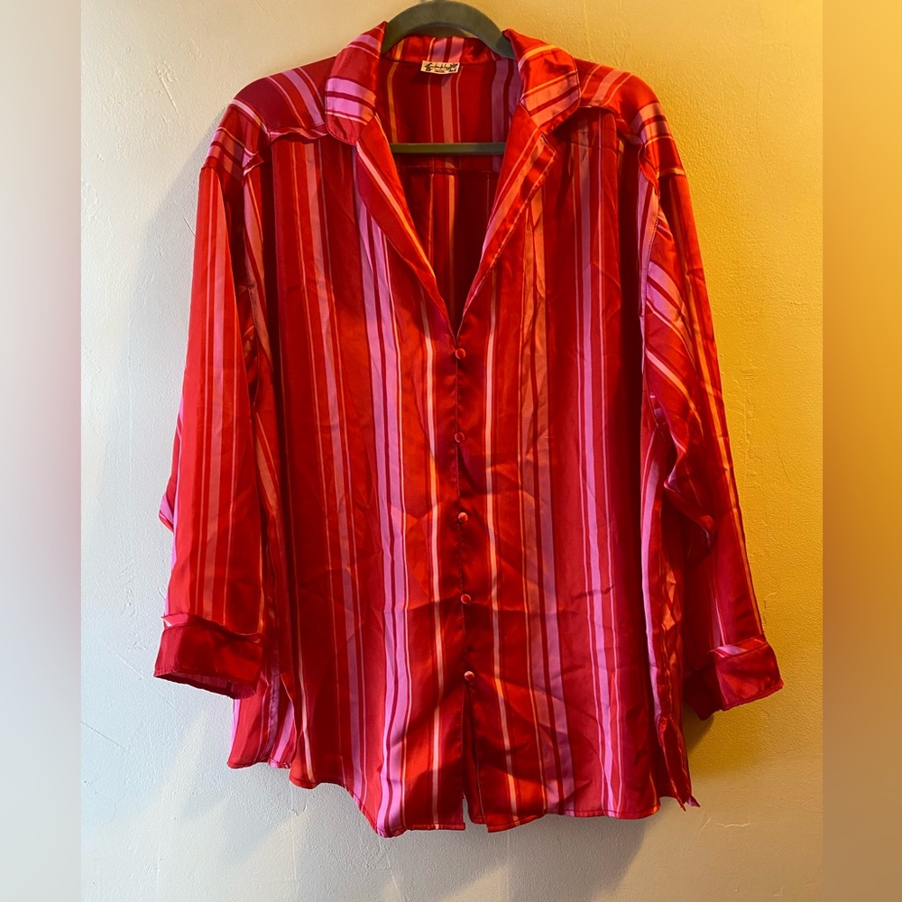 Free People Red and Pink Striped Satin Pajama Shirt